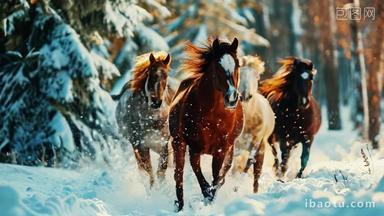 野马群骏马奔跑野生动物白雪地